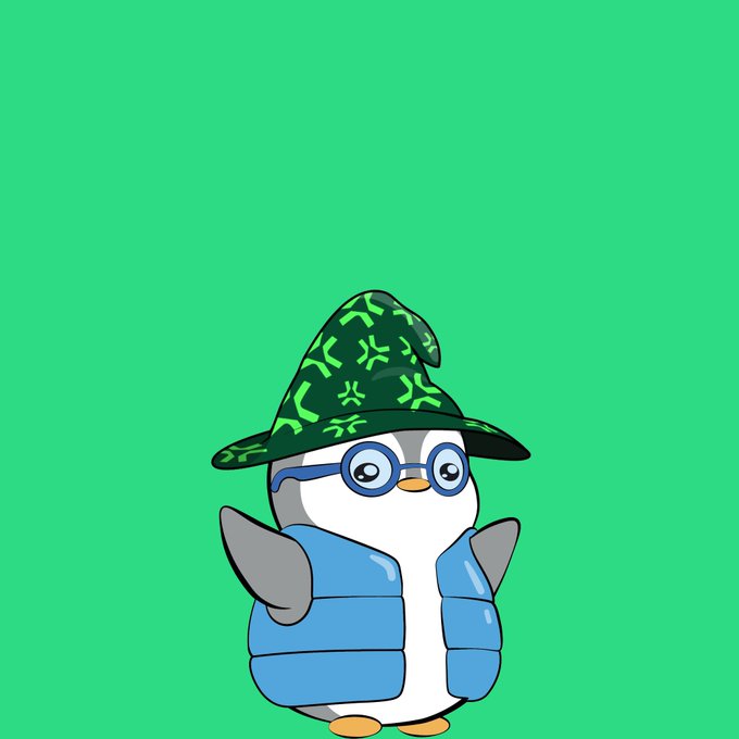 A cartoon penguin mascot wearing glasses, a blue puffer vest, and a green patterned wizard hat stands against a solid green background.