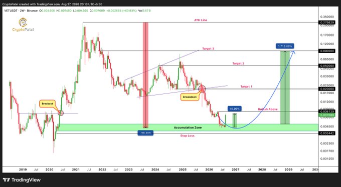 A TradingView candlestick chart for VETUSDT on Binance with the CryptoPatel watermark, displaying an 'Accumulation Zone' highlighted in green and projected price targets labeled Target 1, Target 2, Target 3, and an ATH Line extending to 2029.