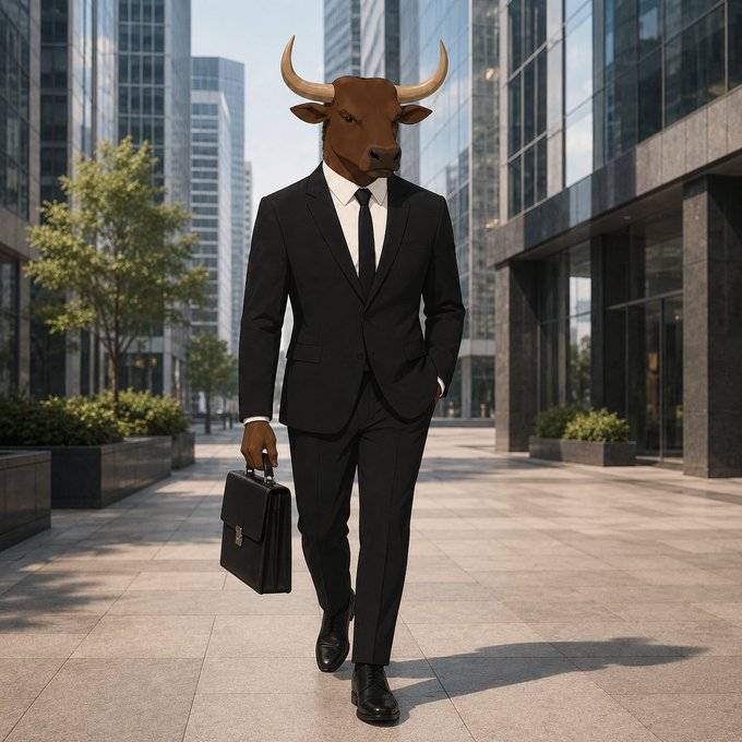 A surreal image of an anthropomorphic bull wearing a black business suit and tie, carrying a briefcase while walking through a modern corporate plaza surrounded by glass skyscrapers.