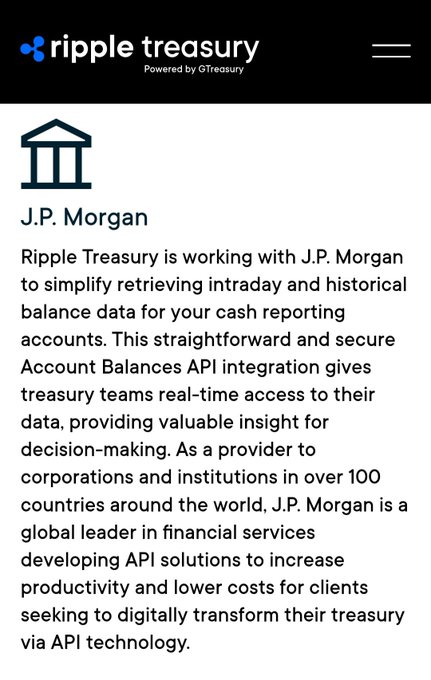 The image shows an abstract of a page from Ripples Treasury's website. The page displays information about J.P Morgan, a financial institution known for its involvement in cryptocurrency projects such as Ripple Ledger Technology. The text appears to be in black on a white background and is arranged in the form of bullet points. The title of the page reads "Ripple Treasury".