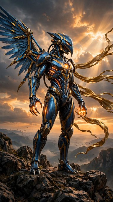 A fantasy illustration of a tall, blue and gold mechanical figure with feathered wings, standing on a rocky cliff against a dramatic sunset sky.