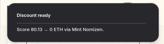 The image shows a screenshot of a message box with a black background, displaying information about a discount code for mints. The text indicates that the user's score is 80.13, which is an indication of their active wallet status on Mint Network. The reason behind this offer is to reward users who maintain consistent spending habits by providing them with discounts or free mints. This encourages users to keep track of their spending and use the service responsibly.