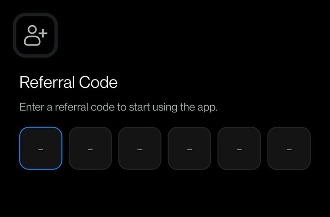 A mobile app screen titled "Referral Code" prompting the user to "Enter a referral code to start using the app," featuring six empty input boxes for a code.