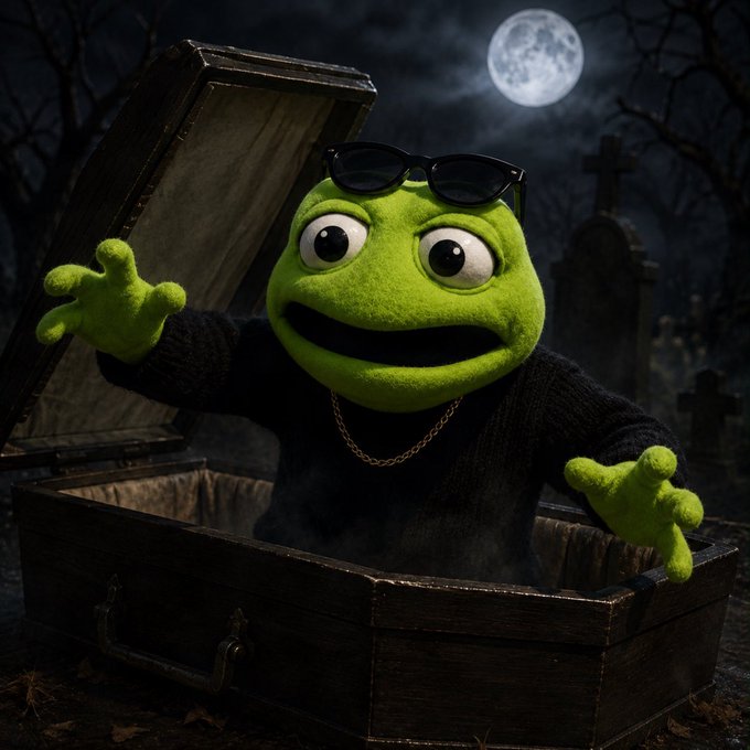 A 3D-rendered Kermit the Frog wearing sunglasses and a gold chain emerges from an open wooden coffin in a foggy graveyard at night, with a full moon overhead.
