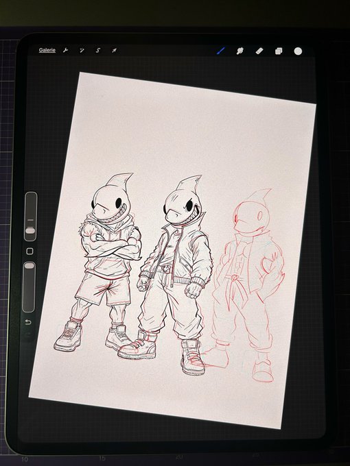 A digital sketch on a tablet displaying three character variations wearing shark/fish-shaped masks, hoodies, shorts, and sneakers, with two rendered in black line work and one in red underdrawing.