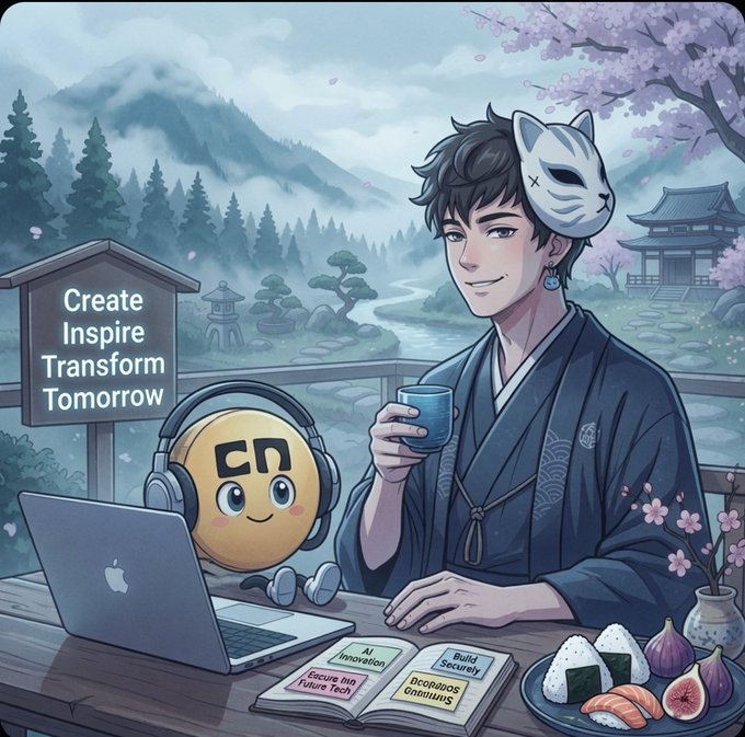 An anime-style illustration of a young man in a kimono wearing a fox mask, sitting at a table with a laptop featuring a cute emoji character, tea, and sushi, with a sign reading 'Create Inspire Transform Tomorrow'.