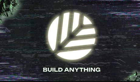 A glowing white circular logo with geometric shapes inside, displayed against a dark background with horizontal scan lines, with the text "BUILD ANYTHING" written below it.