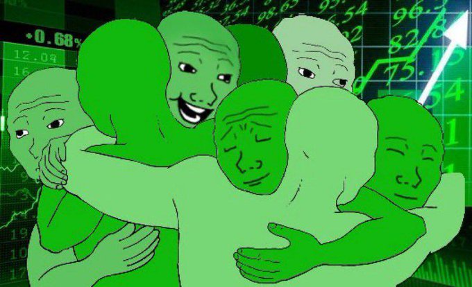 A group of green Wojak meme characters in various emotional expressions (happy, sad, dreamy, angry) embrace each other in a group hug against a green stock market chart background with rising numbers like '96.3' and '82'.