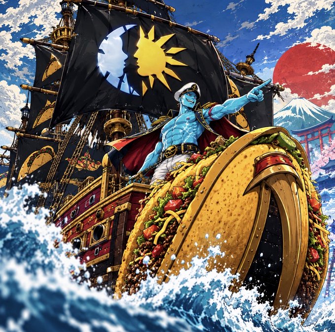 A colorful anime-style illustration of a blue-skinned pirate character standing on the deck of a ship, holding a giant taco decorated with a skull-and-crossbones flag in the background, with Mt. Fuji and a torii gate visible alongside a red sun.