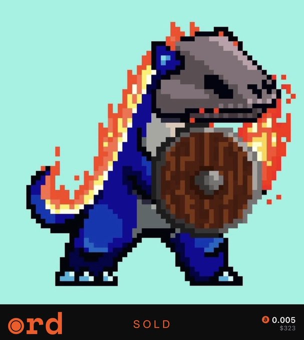 Pixel art depicting a blue dinosaur with orange flame accents holding a shield, labeled 'ord' and 'SOLD' with '0.005' and '$323' at the bottom.