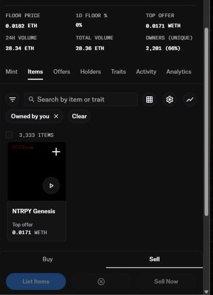 A dark-themed NFT marketplace interface displays stats for 'NTRPY Genesis' with a floor price of 0.0182 ETH, 24H volume of 28.34 ETH, and 2,201 unique owners.