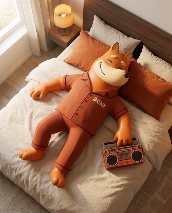 A cartoon fox character wearing orange pajamas with "BONK" on the chest relaxes on a bed next to a retro orange boombox, playfully illustrating the "BONK" cryptocurrency brand in a cozy, lifestyle aesthetic. The laid-back pose and warm orange tones reinforce the meme's lighthearted message about chasing gains and leaving bearish sentiment behind.
