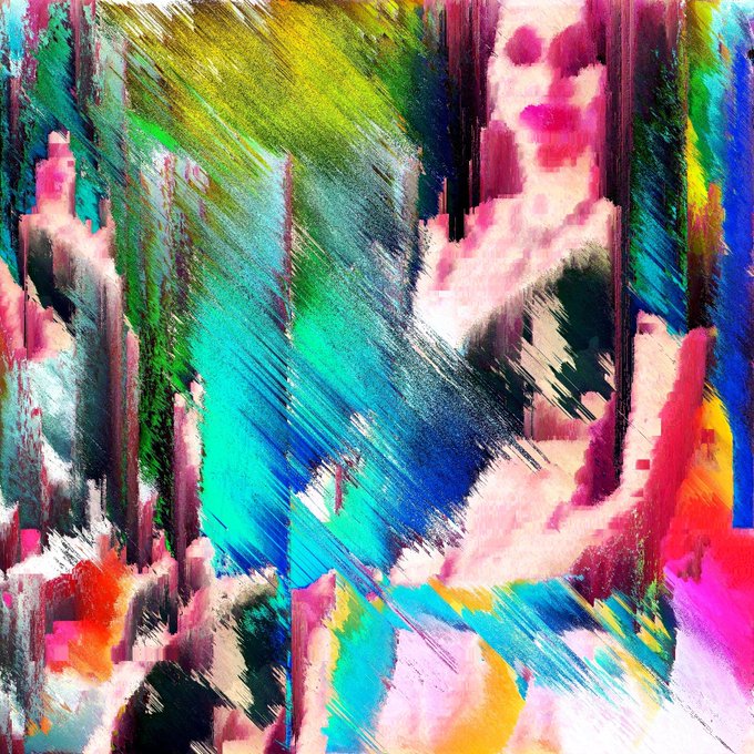 A vibrant abstract digital artwork with sweeping brushstrokes in pinks, teals, yellows, and blues serves as a colorful, expressive backdrop for the caption "Had A Nice Life #tezosSaturday." The chaotic, emotional composition of the painting visually mirrors the melancholic yet beautiful sentiment of the phrase, evoking a sense of reflection through its dramatic colors and motion.