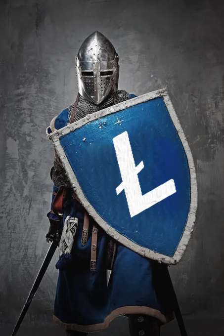 A medieval knight in chainmail and a metal helmet holding a large blue shield emblazoned with the Litecoin (L) logo.
