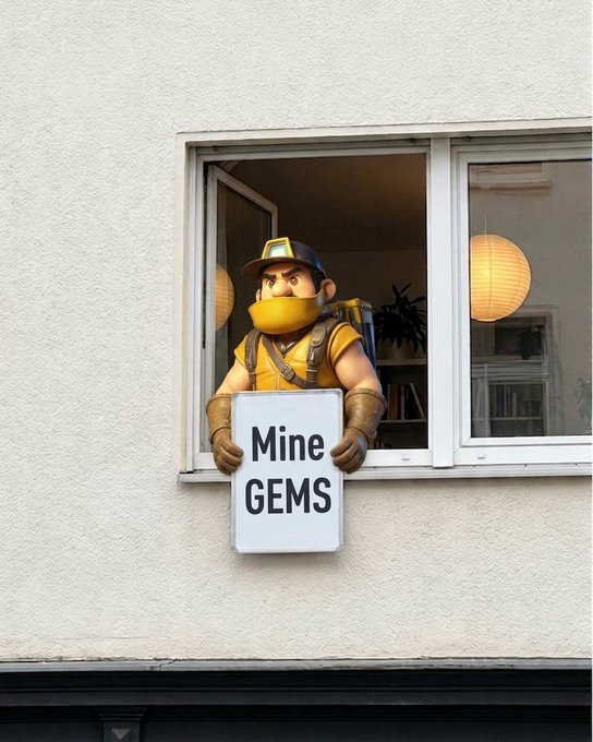 A miner character wearing a yellow cap and gloves holds a "Mine GEMS" sign from a window, visually promoting the "Mine GEMS. Stack rewards. Repeat" message by bringing the mining metaphor to life.