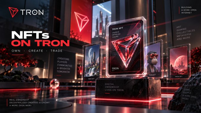 A promotional banner for 'NFTs on Tron' featuring glowing red digital displays showcasing NFT collections, monkeys, and metaverse artwork with the Tron's tagline 'Building a more open internet.'