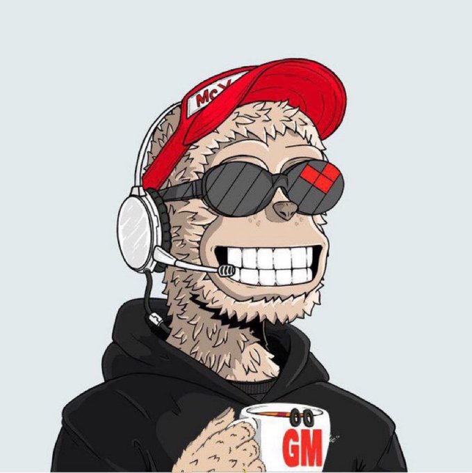 A cartoon illustration of a gorilla wearing a red McDonald's cap, sunglasses, and a headset, grinning widely while holding a white mug that says 'GM' (good morning).