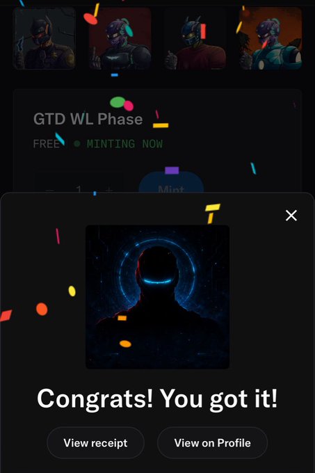 A screenshot displays a digital NFT marketplace confirming a minting process with the message 'Congrats! You got it!' and buttons to 'View receipt' and 'View on Profile'.