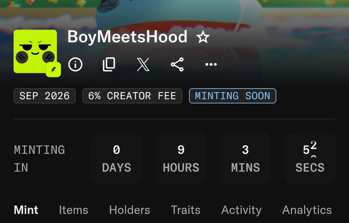 A screenshot of a digital minting page for "BoyMeetsHood" showing a 6% creator fee, with a countdown timer indicating minting in 0 days, 9 hours, 3 minutes, and 52 seconds.