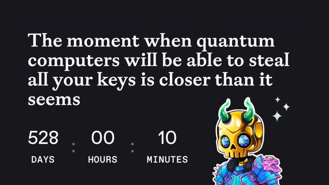 A promotional countdown image for Quip Network with a black background displays the white headline "The moment when quantum computers will be able to steal all your keys is closer than it seems" alongside a timer showing 528 days, 00 hours, and 10 minutes remaining. A colorful cartoon skull character with green horns, blue eyes, and a spiked collar stands to the right, reinforcing the urgent theme of quantum computing threats to cryptographic security that the accompanying post discusses.