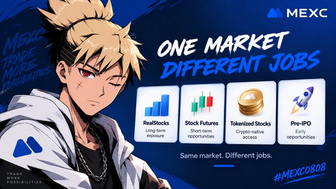 MEXC cryptocurrency exchange advertisement featuring an anime character with the slogan 'ONE MARKET DIFFERENT JOBS' showcasing RealStocks, Stock Futures, Tokenized Stocks, and Pre-IPO options.