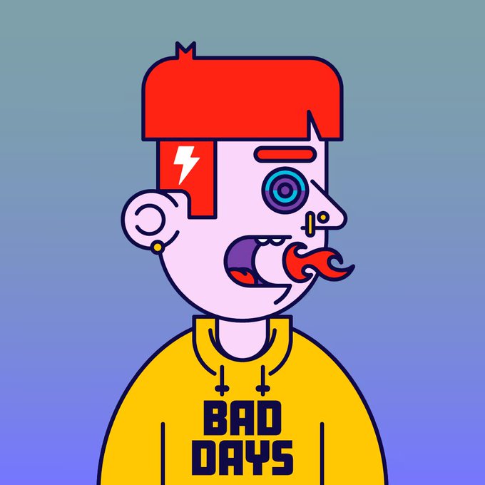 The image features a cartoon character wearing a yellow hoodie that says "Bad Days" written in black text. The character has a red hat, a large flame coming out of their mouth, and a tongue sticking out. The background is a gradient of blue with purple lines running through it. The post includes the hashtag #@3lookio x @AppreciatorsIO, which suggests that this image might be related to an art project or campaign on social media platforms.