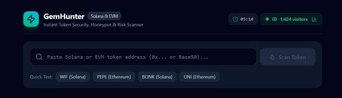 The dark-themed homepage interface for GemHunter, an 'Instant Token Security, Honeypot & Risk Scanner' compatible with Solana & EVM, displaying a search bar and 'Quick Test' tokens like WIF and PEPE.