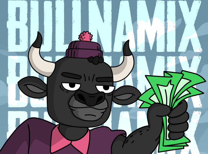 A cartoon illustration features a grumpy black bull character wearing a purple beanie and purple shirt with a pink collar, holding a fan of green cash. The background displays the repeated text 'BULLNAMIX' in bold white letters on a blue backdrop.