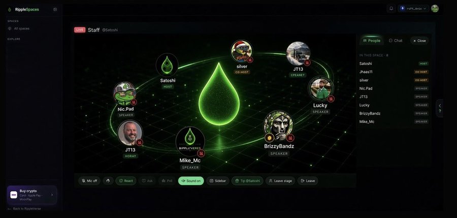 A RippleSpaces virtual audio room called 'Staff' hosted by Satoshi features a green droplet logo and several speaker avatars including Nic_Pad, Mike_Mc, Lucky, and BrizzyBandz.