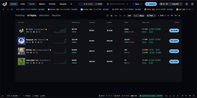 A screenshot of the DexScreener trending page filtered by 24H price movement, displaying tokens like $HAYLORD with a market cap of $165K and 49.5% gains, BSEAT at $33.1M, BRIAN at $484K, and SNOOG at $517M, highlighting HAYLORD's significant price surge among trending meme coins.