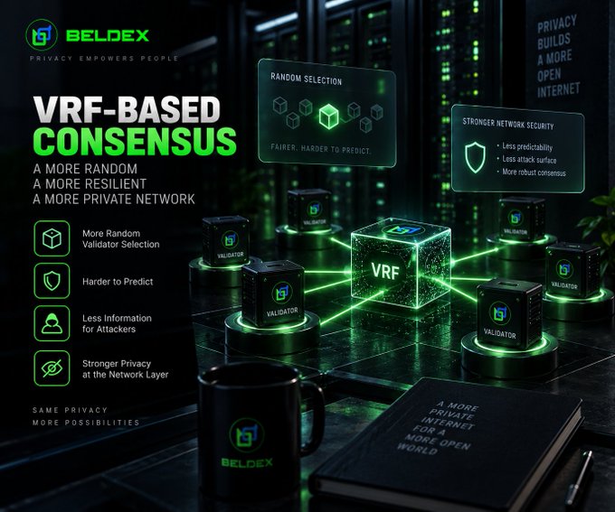 A dark green-themed promotional graphic for 'BELDEX' advertises 'VRF-BASED CONSENSUS' featuring tags like 'RANDOM SELECTION' and 'STRONGER NETWORK SECURITY,' with a coffee mug and notebook in the foreground.