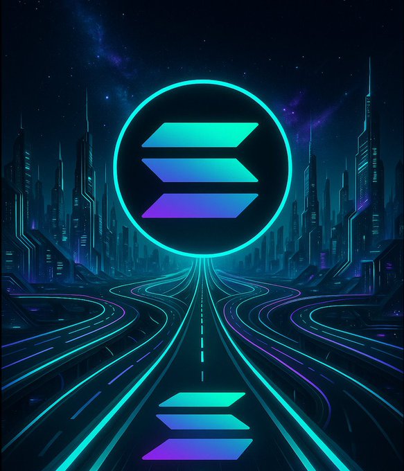 A glowing cyan and purple Solana logo hovers above a futuristic cyberpunk cityscape, with neon-lit highways converging toward it from multiple directions—visually embodying the post's "ALL ROADS LEAD TO SOLANA" message. A smaller Solana emblem is also embedded into the road's center lane, reinforcing the convergence theme.