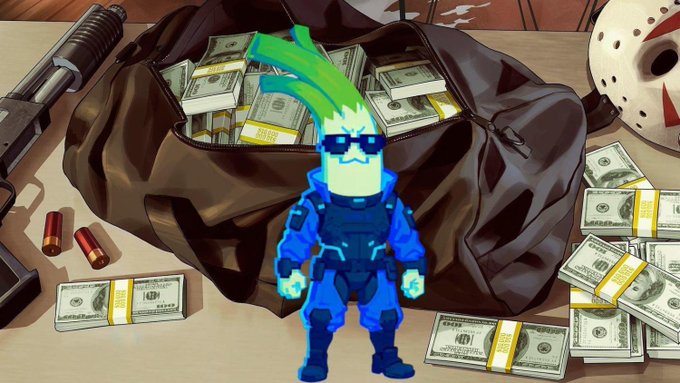 A cartoon character in tactical gear and sunglasses stands in front of a duffel bag overflowing with stacks of $100 bills, with a shotgun and hockey mask nearby—imagery evoking a heist, fitting the article's theme of a GTA 6-related meme crypto ("Cyberleek") surging 300% after a strip club video leak.