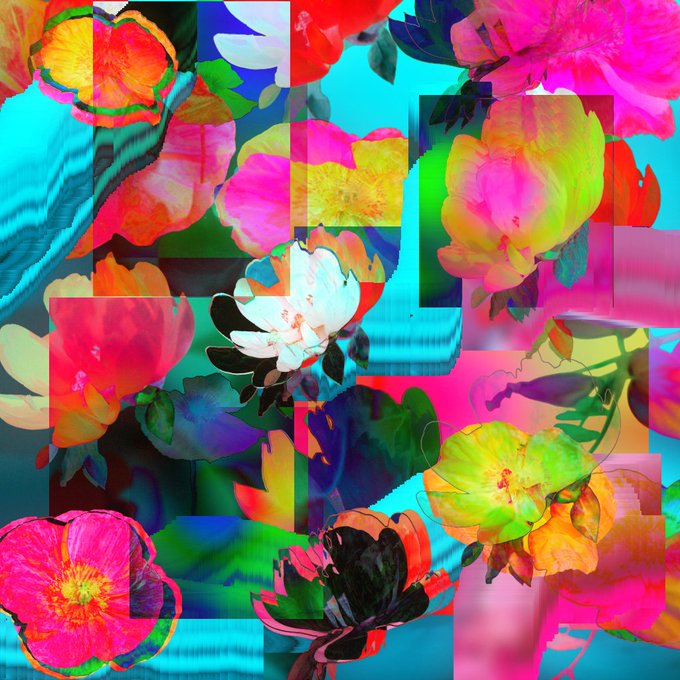 An abstract, highly saturated digital collage of flowers featuring vibrant pinks, greens, oranges, and cyans with pixelated glitch effects.