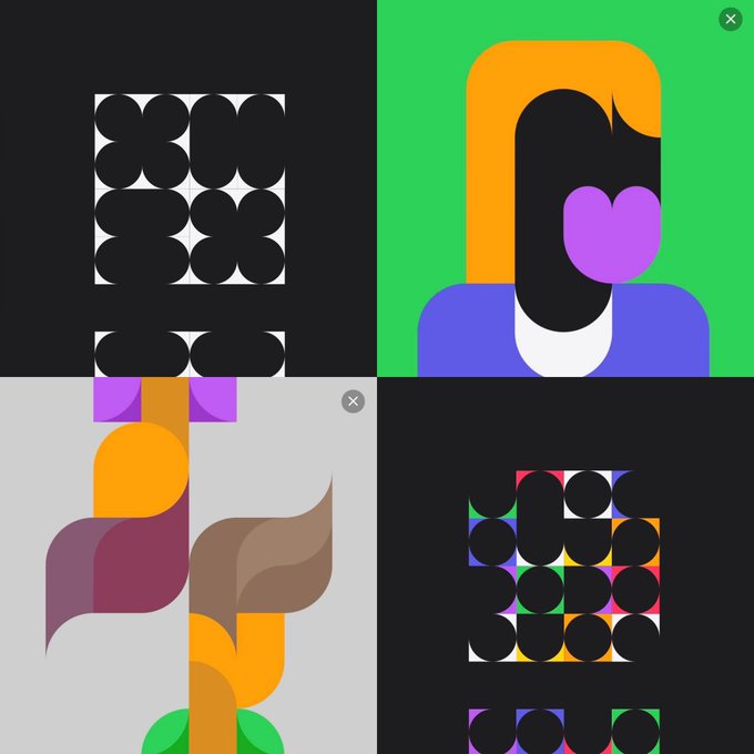 A digital art composition features geometric shapes, a stylized figure with orange hair, and bold patterns in black, green, orange, and purple.