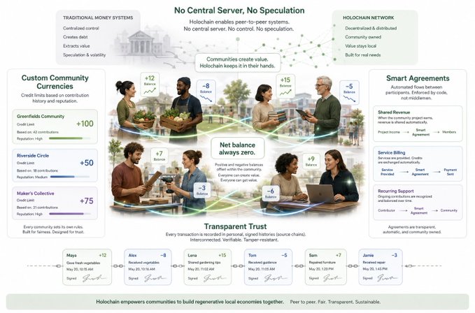An infographic titled "No Central Server, No Speculation" explaining the "Holochain Network" and its features like "Custom Community Currencies" and "Smart Agreements" with illustrations of people exchanging goods.