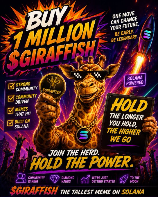 A vibrant promotional poster for a cryptocurrency called '$GIRAFFISH' featuring a giraffe wearing pixel sunglasses and a gold chain, with text including 'BUY 1 MILLION $GIRAFFISH', 'SOLANA POWERED', and 'THE TALLEST MEME ON SOLANA'.