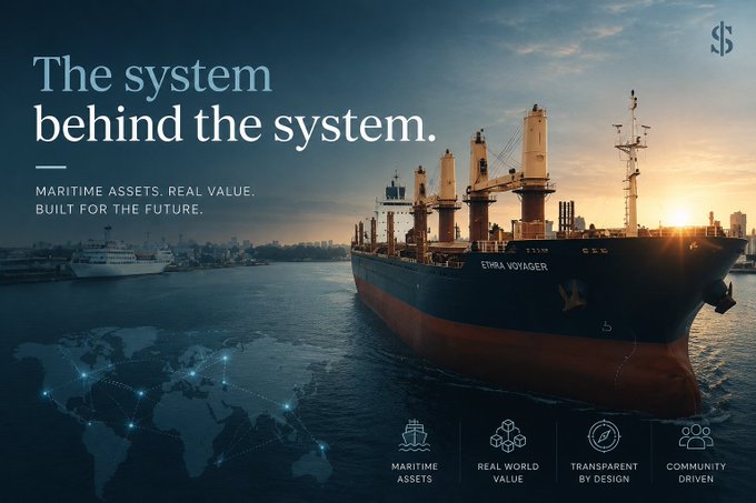 A promotional banner for a maritime asset project reading 'The system behind the system. MARITIME ASSETS. REAL VALUE. BUILT FOR THE FUTURE.' featuring a large cargo ship named 'ETHRA VOYAGER' at sunset.