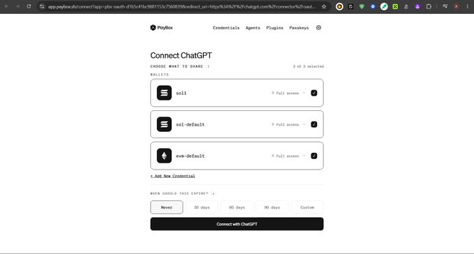 A screenshot of the PayBox application interface, showing a 'Connect ChatGPT' setup page where three wallets (sol1, sol-default, svm-default) are selected to share with ChatGPT.