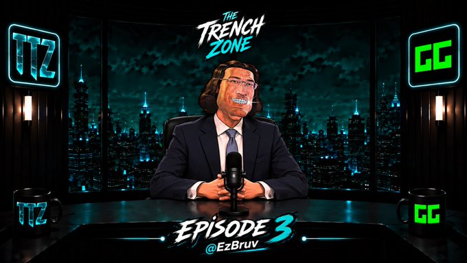 Promotional graphic for "The Trench Zone - Episode 3" featuring a cartoon-style illustration of a suited man with glasses at a desk with a microphone, branded with "TTZ" and "GG" neon logos, and tagged "@EzBruv."