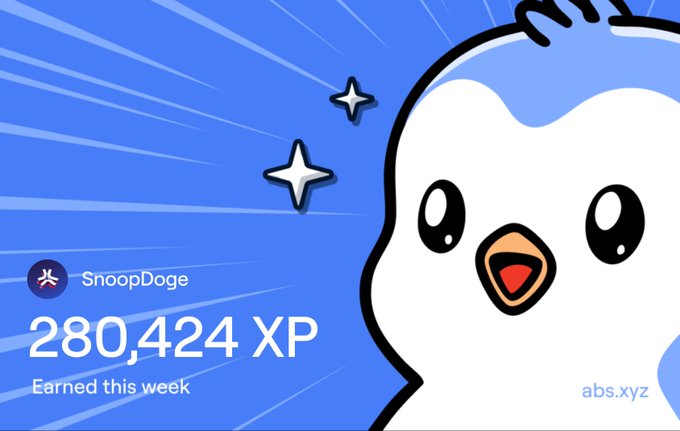 A digital illustration of a cute white cartoon bird character with the username 'SnoopDoge' showing '280,424 XP Earned this week' against a blue background with sparkles, branded with 'abs.xyz'.