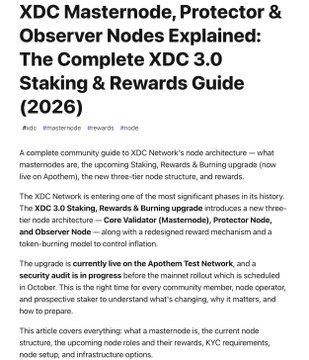 Article header titled 'XDC Masternode, Protector & Observer Nodes Explained: The Complete XDC 3.0 Staking & Rewards Guide (2026)' discussing XDC Network's node architecture.