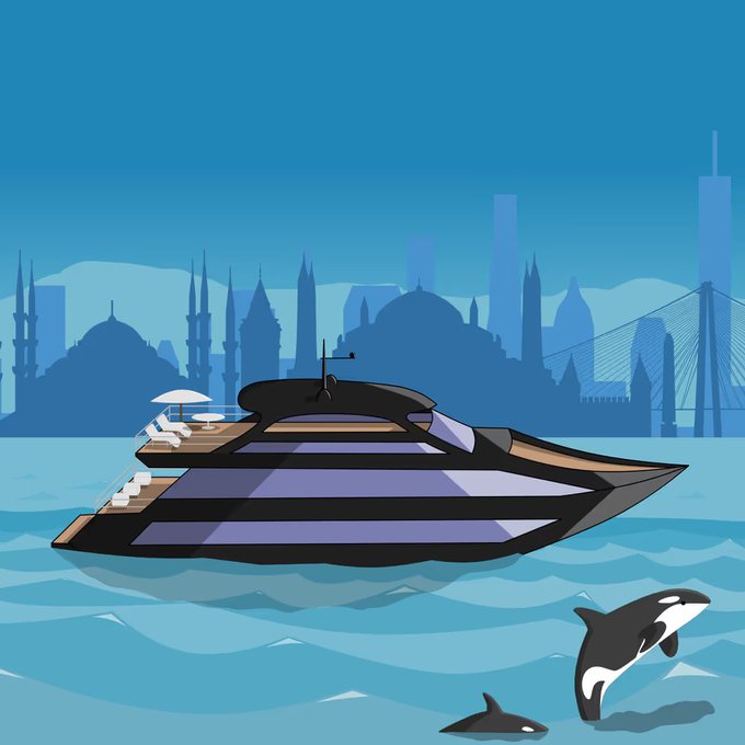 A stylized vector illustration shows a sleek black luxury yacht sailing on blue water with an orca whale breaching in the foreground and a city skyline silhouette in the background.