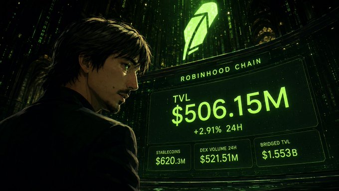 An illustrated graphic for Robinhood Chain showing a man looking at a digital display with TVL '$506.15M' (+2.91% 24H), Stablecoins '$620.3M,' DEX Volume 24H '$521.51M,' and Bridged TVL '$1.553B.'