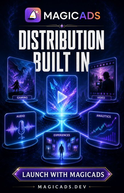 MagicalAds promotional graphic with the tagline 'Distribution Built In,' highlighting Gaming, Video, Audio, Analytics, and Experiences categories, with 'Launch with MagicalAds' and 'MAGICADS.DEV'.