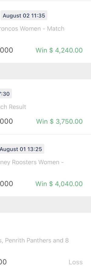 The image shows a betting history with multiple winning wagers, including a $4,240.00 win on a Broncos Women match (August 02 11:35), a $3,750.00 win on a match result, and a $4,040.00 win on a Sydney Roosters Women match (August 01 13:25), aligning with the celebratory post about a "great start to the month."
