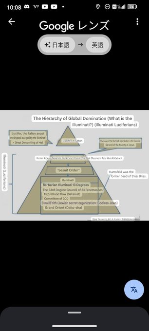 A screenshot of a Google Lens translation interface (set to translate Japanese to English) displaying a pyramid diagram titled "The Hierarchy of Global Domination (What is the Illuminati?) (Illuminati Luciferians)," which lists figures like Lucifer, Jesus Order, Babylonian Illuminati (33 Degrees, Committee of 300, Grand Orient), Rumfeld, and Barclays. The conspiracy-style chart ties into the post's claim that Stellar (XLM) and XRP are being connected as part of a "Lucifer worship" system.

[Image: Screenshot of Google Lens translating a pyramid diagram about the "Illuminati," with various hierarchical figures labeled including Lucifer, the Jesus Order, Babylonian Illuminati, and Rumfeld.]
