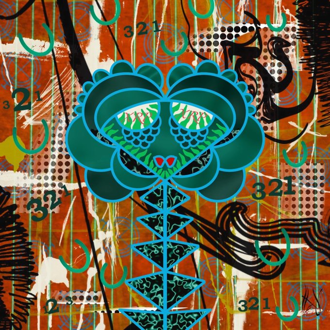 Colorful abstract pop-art style artwork featuring a teal flower-like or clover-shaped figure with hearts, set against an orange background with numbers '321' and '337' and various graphic patterns.