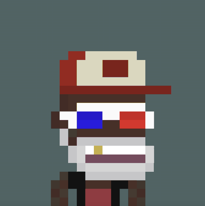 A pixel art character against a dark teal background, depicting a figure with a red and white cap, dark skin, and 3D glasses showing red and blue lenses.