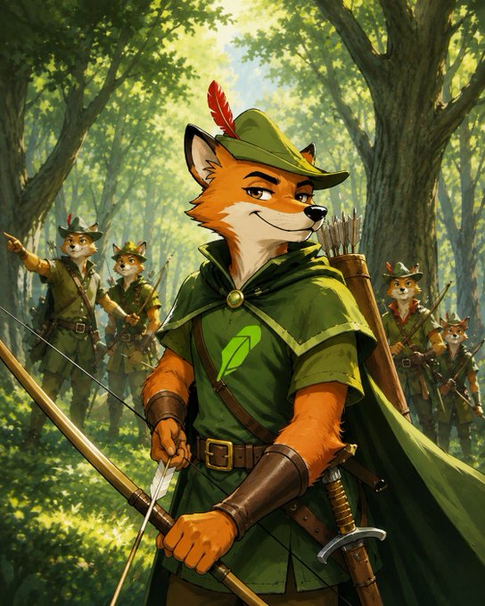 The image shows an anthropomorphic fox dressed as Robin Hood in classic green attire with a feathered cap, quiver of arrows, and bow, standing prominently in a forest with fellow fox companions—mercenaries also in Robin Hood garb—following behind. The caption "The legend of Robin Hood lives on" ties in directly with the Robin Hood-inspired fox theme, while the reference to the "$FOX army" suggests a crypto or meme token community rallying behind this bold, heroic fox imagery.